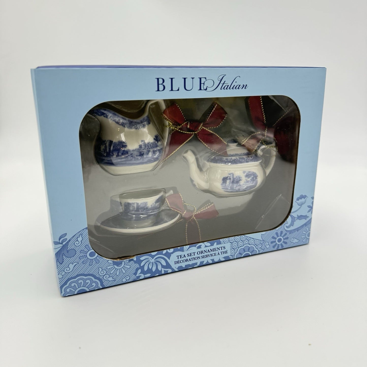Spode Blue Italian English Tea Set Christmas Ornaments NIB Porcelain Miniature