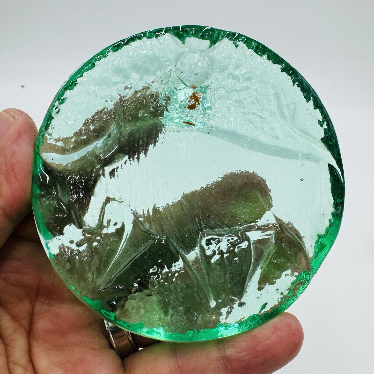 Blenko Art Glass Green Zodiac Taurus Green Paperweight Original Sticker