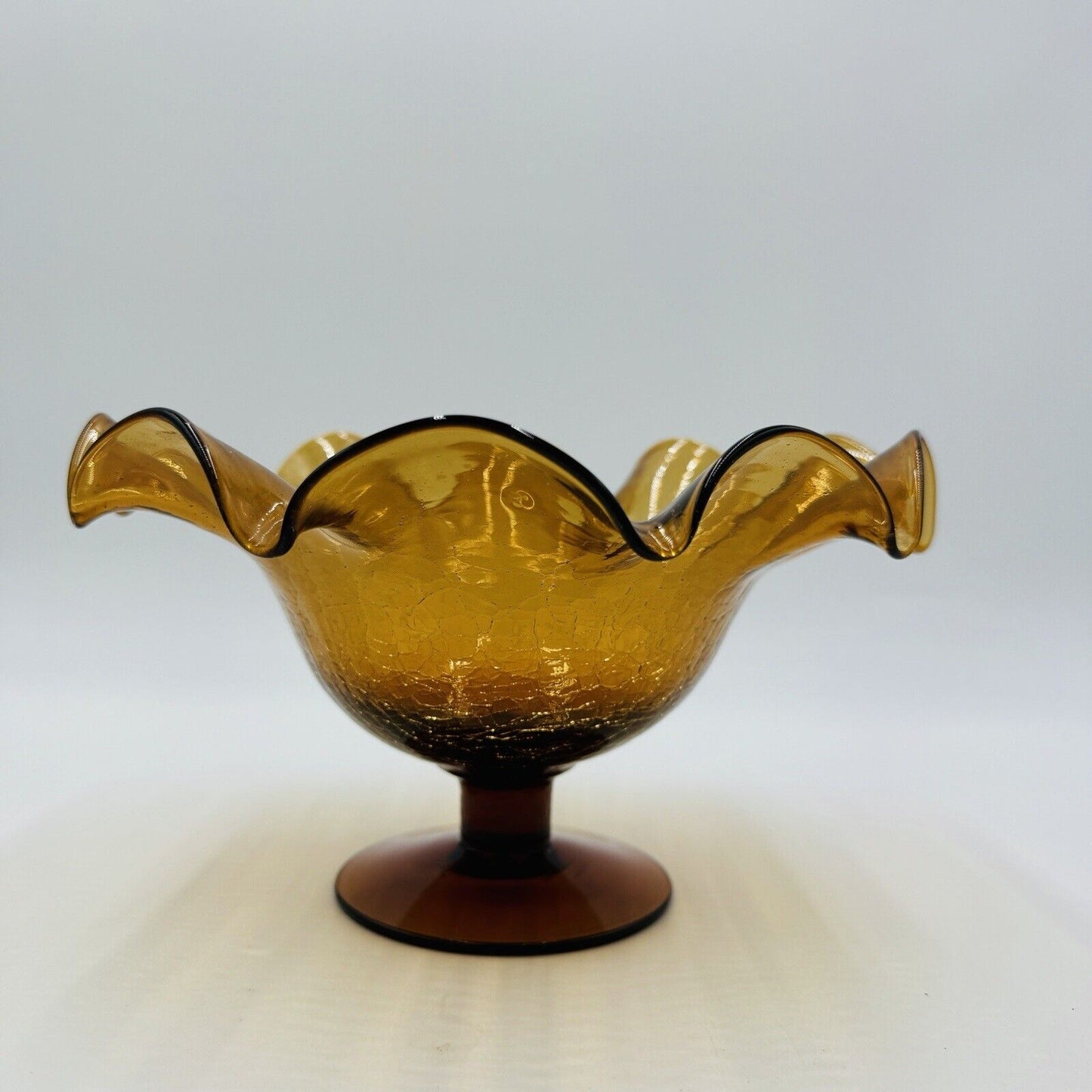 Blenko Art Glass  Amberina Footed Vase Ruffled Crackled Compote 5.5”H x 9”