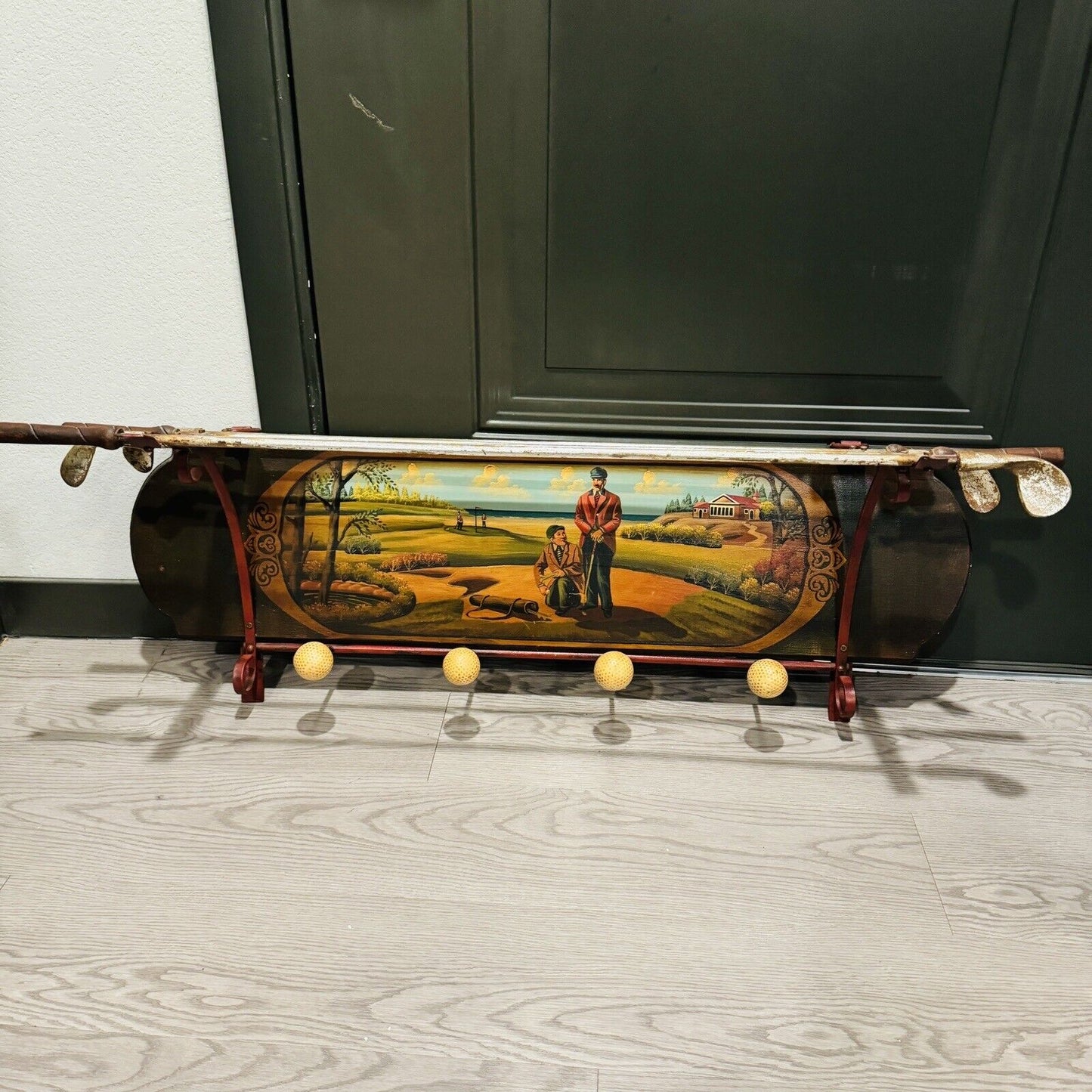 Coat Rack Golfing Motif Golf Clubs & Golf Ball Hooks Painted Wall Hanging MCM