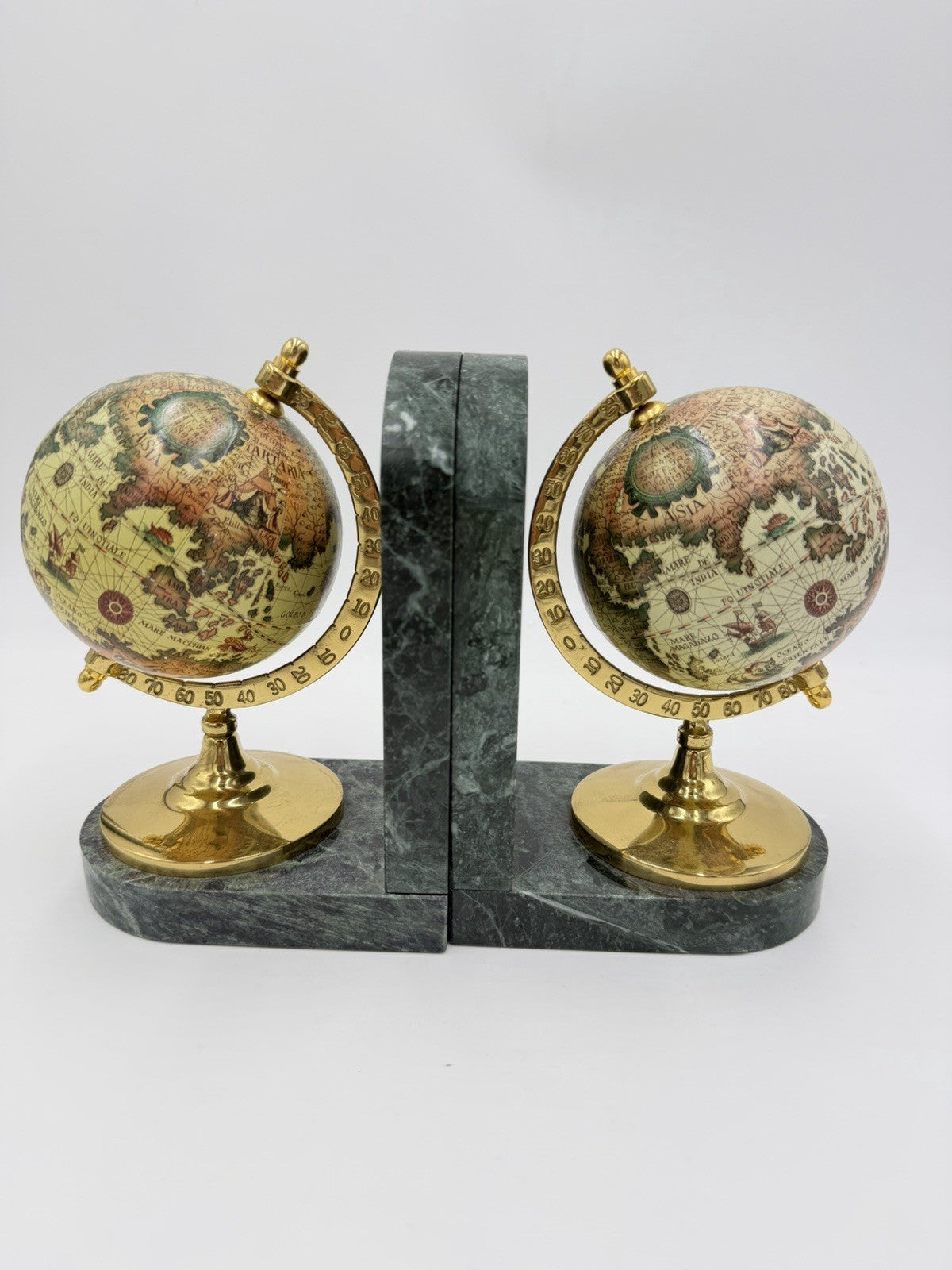 Vintage Marble & Brass Old World Globe Pair Green Gold Bookends 7”Hx9”Lx3”W