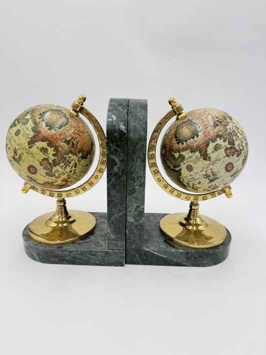 Vintage Marble & Brass Old World Globe Pair Green Gold Bookends 7”Hx9”Lx3”W