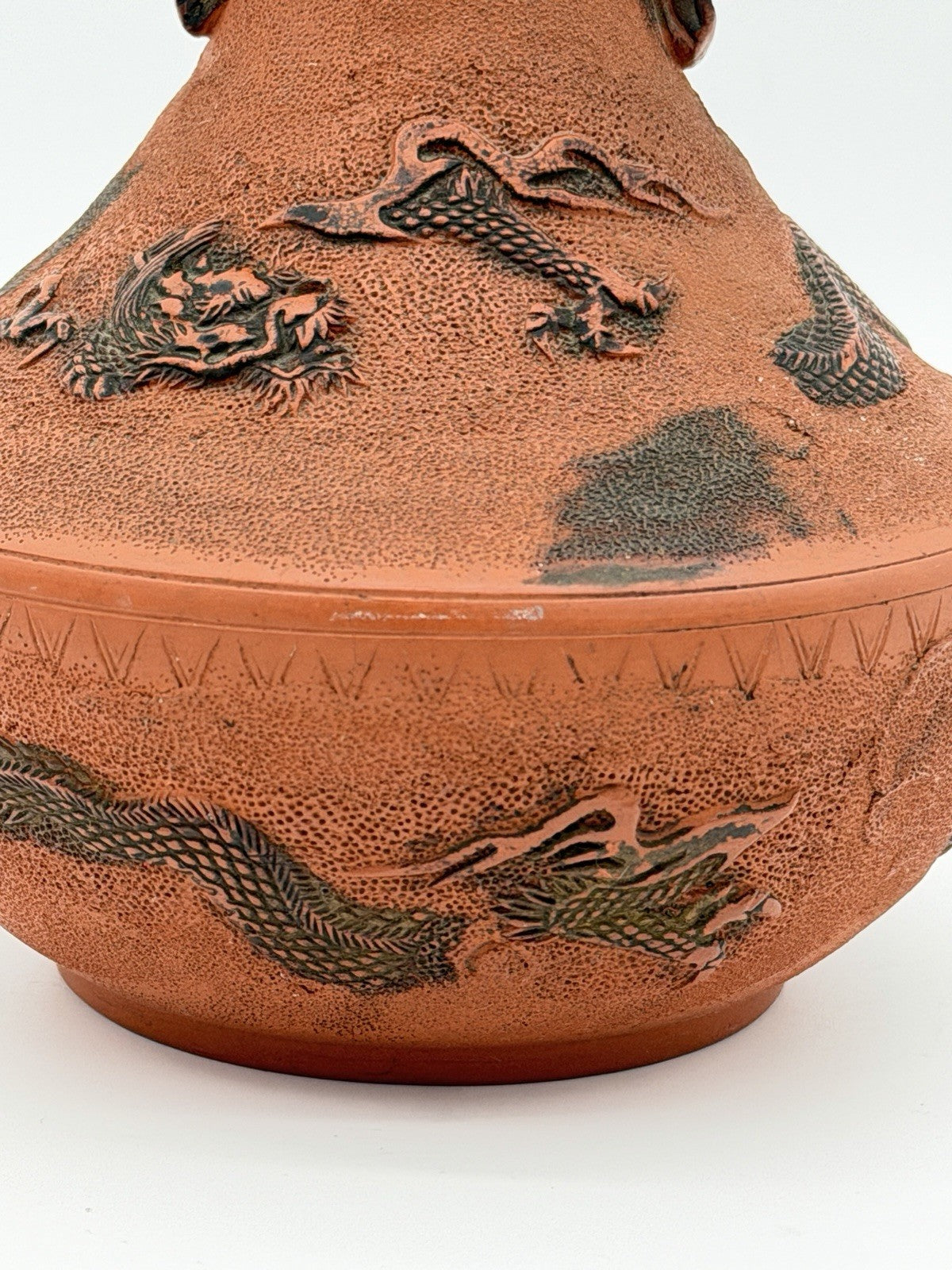 Antique Meiji Japanese Tokoname Terracota   Embossed Dragon Double Handle 10”H