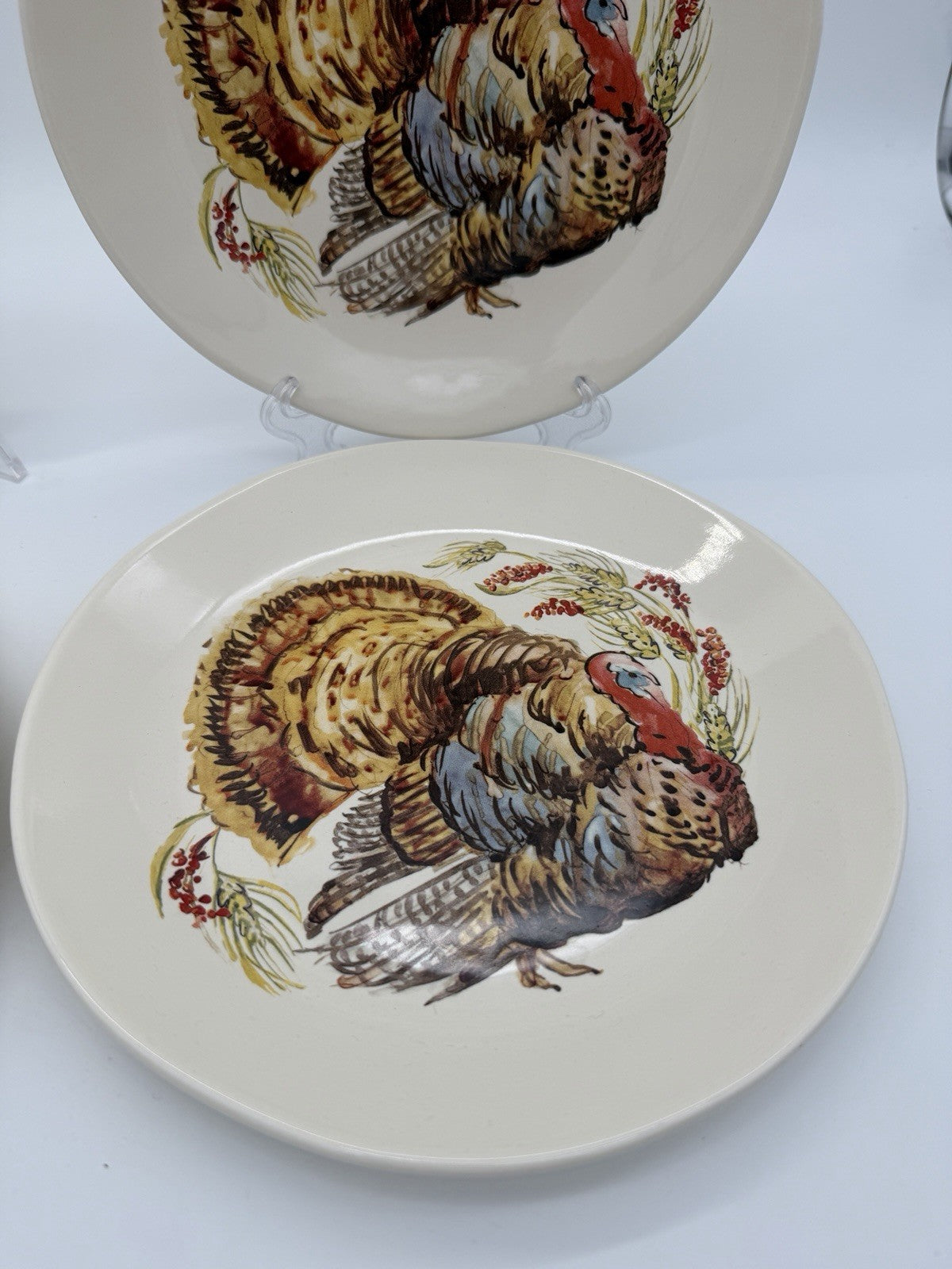 Pottery Barn Watercolor Turkey Salad Dessert Plates Set Of 4 Thanksgiving 8”