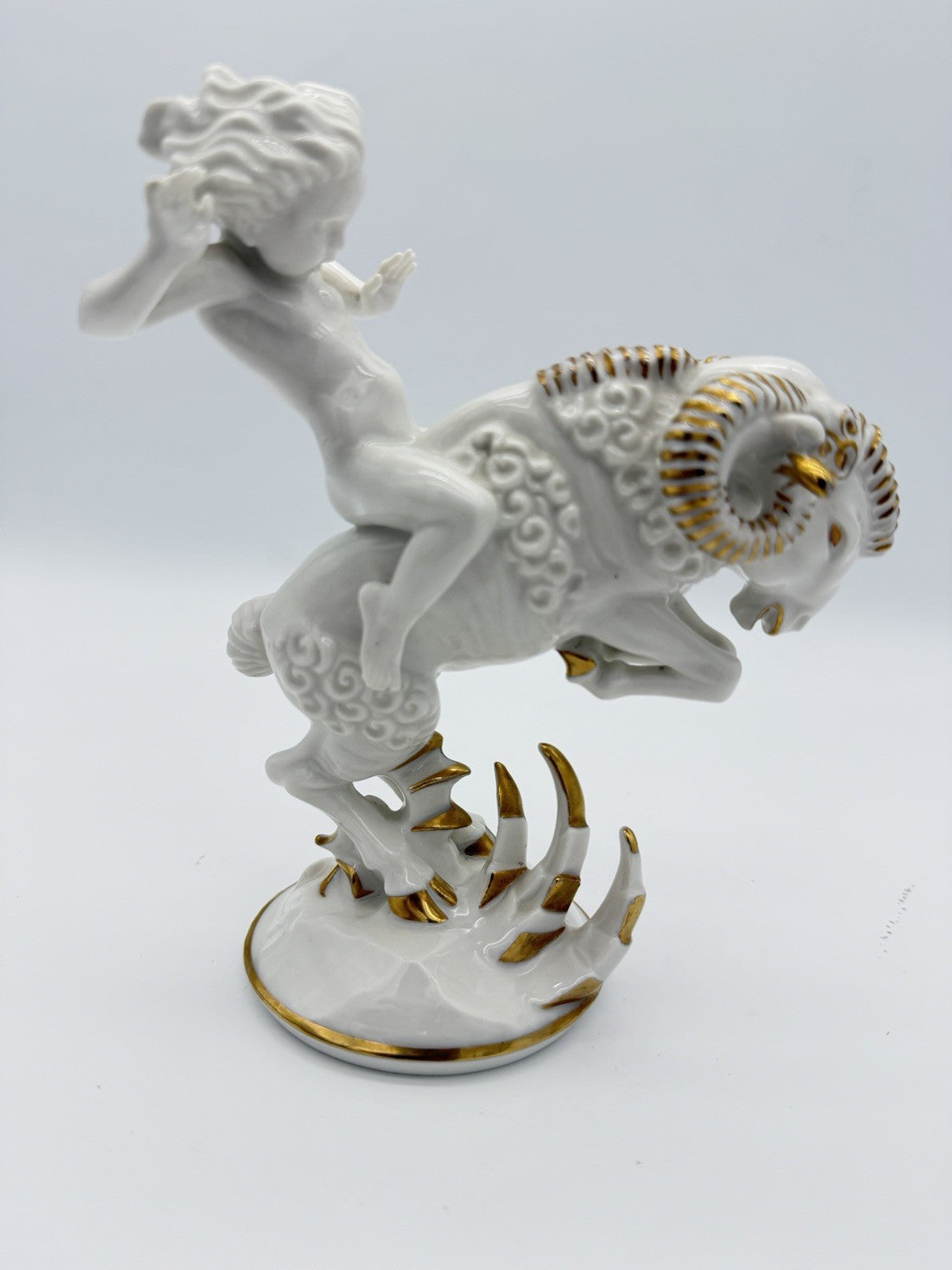 Hutschenreuther Art Deco porcelain High Spirits putto riding ram figurine 7”