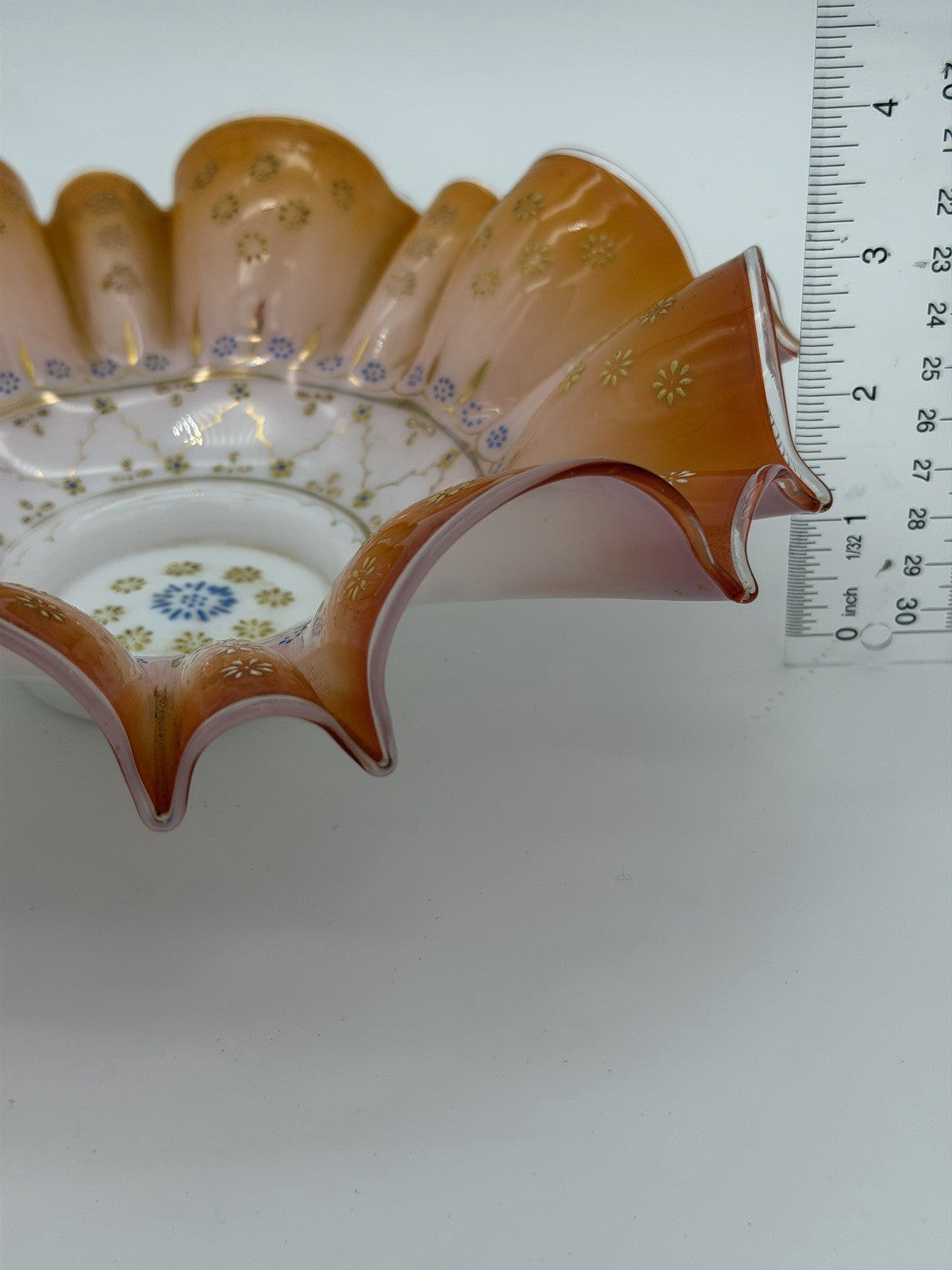 Antique Victorian Wedding Bride Art Glass Peach Ruffled Floral Hand Painted Bowl
