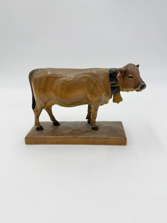Swiss Folk Art Wood Carving Cow Signed HF Figurine Antique Switzerland 3.5”H X6”