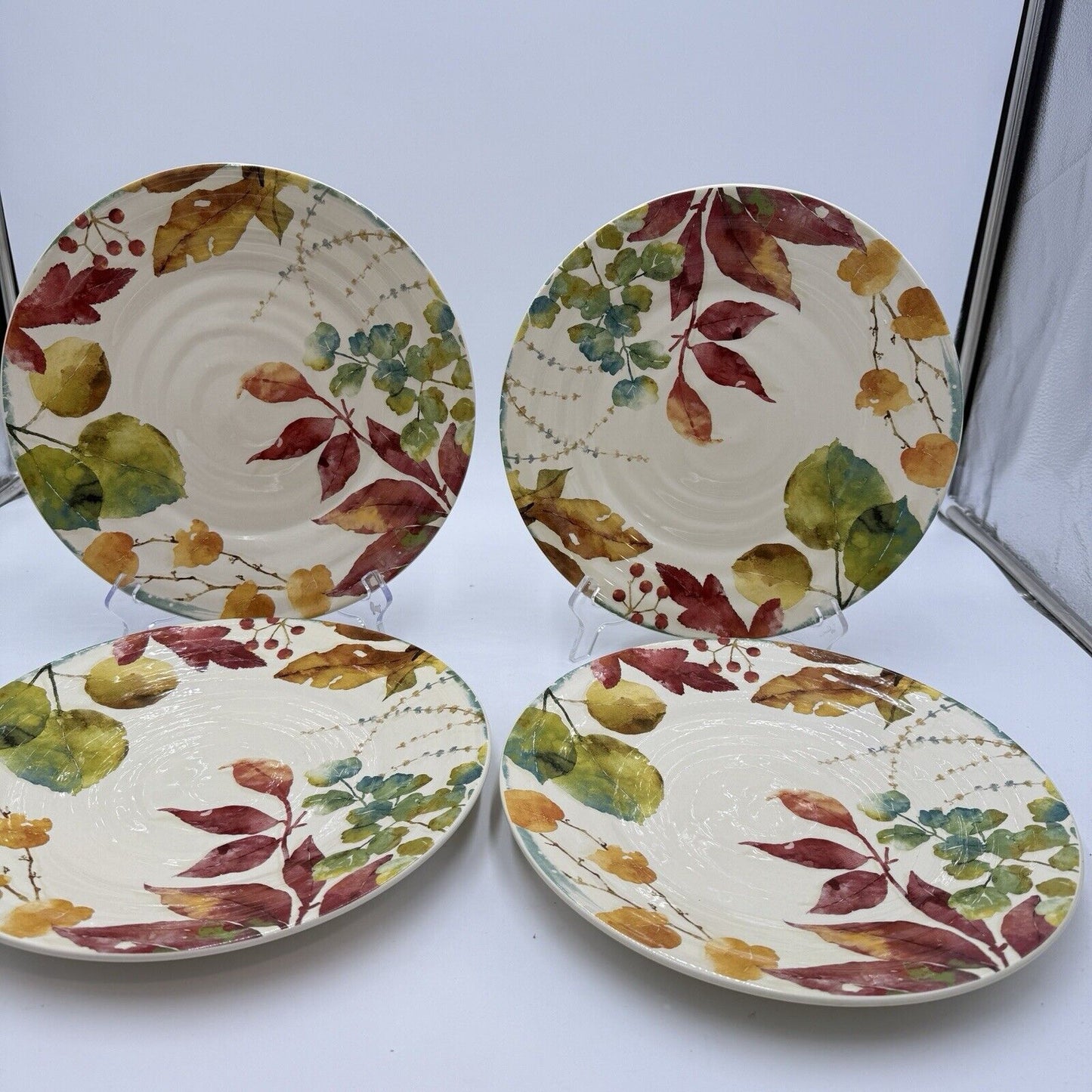 Pier 1 Imports WILLOW Dinner Plates Set 4 11” Fall Leaves Ironstone Ceramic