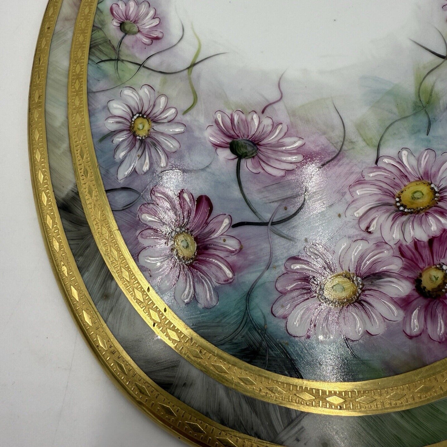 Royal Limoges France Painted Oval Floral Plaque Pink Gold Rim 12”x9” Porcelain