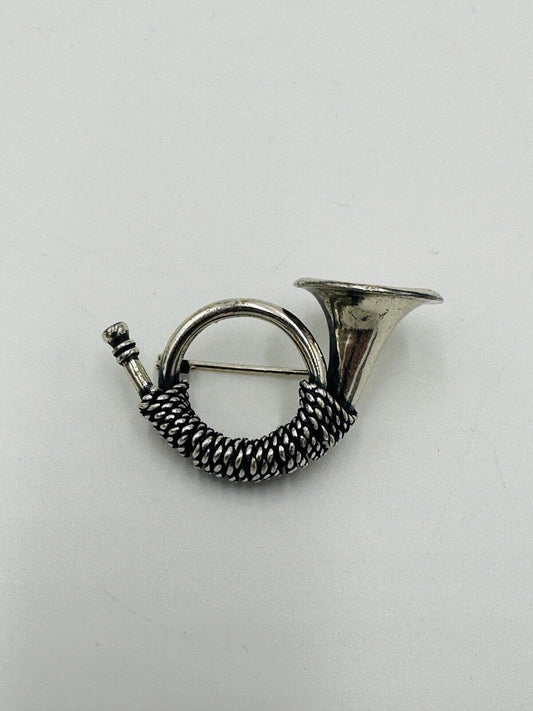 French Horn Pin Brooch Solid Sterling Silver Christmas Rare 925 Vintage