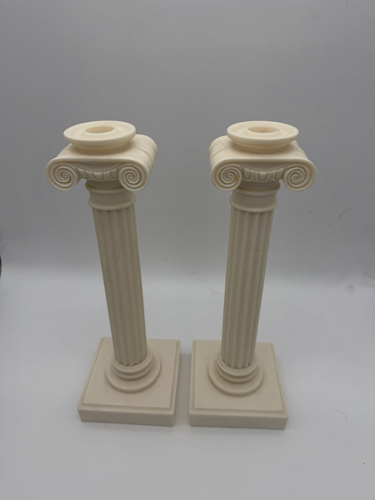 2 Alabaster Carved Roman Columns Corinthian  Sculpture Candle Holders 15.5”x5”