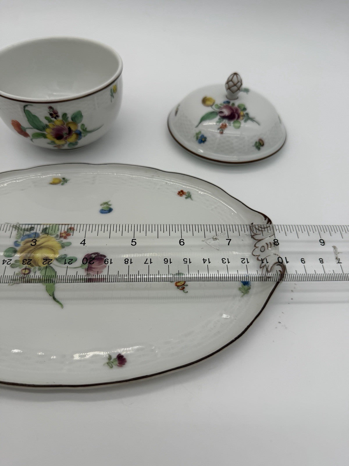 Antique Nymphenburg Porcelain Floral Sugar Bowl & Tray Basket Weave Set 2 PCs