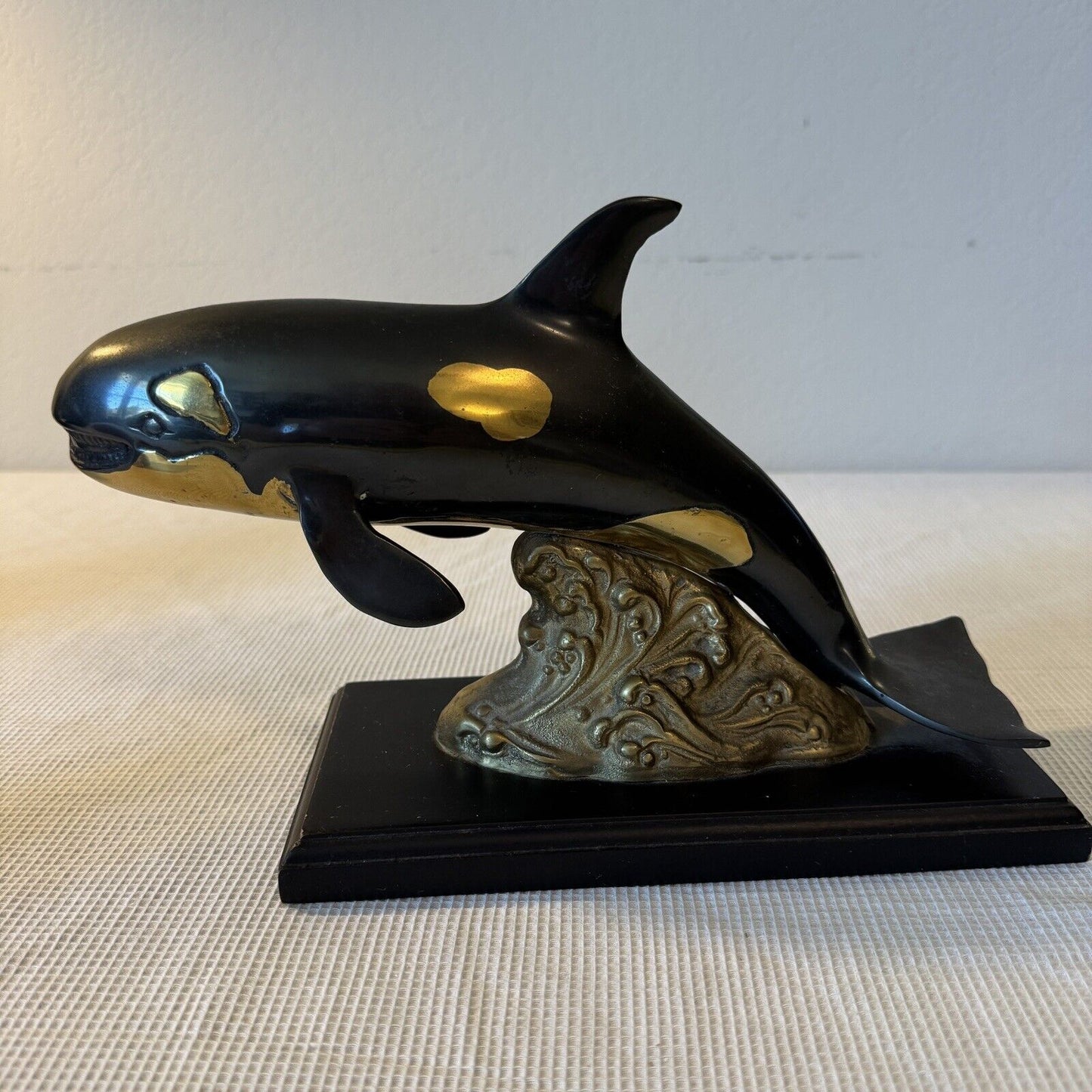 Orca Metal Sculpture No Marking Wooden Base Randy Puckett Style Not Original