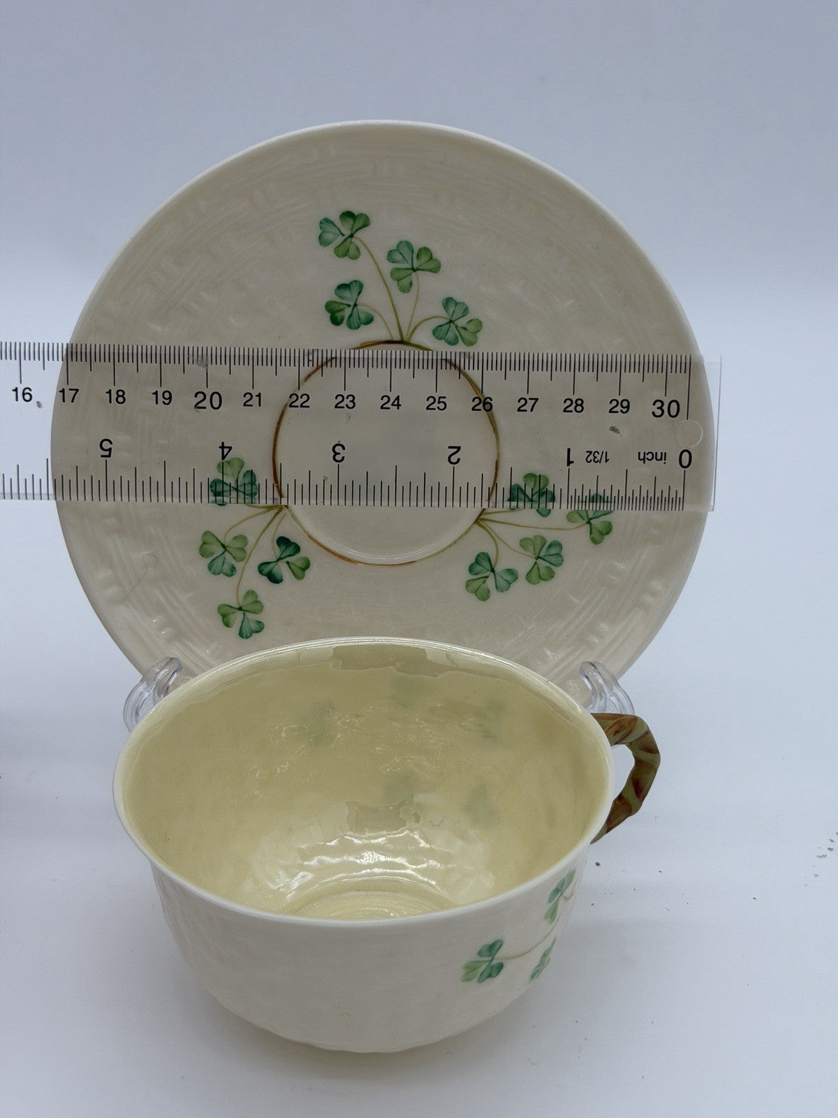 Belleek Ireland Porcelain 2ND GRN/1955 Shamrock Beige Saucer & Teacup Set