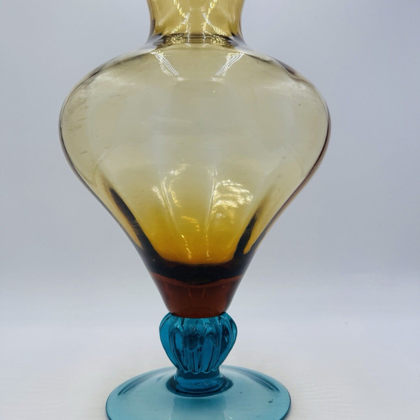 LARGE 16" MURANO VETRO ESEGUITO AMBER OPTIC RIBBED ART GLASS FOOTED VASE