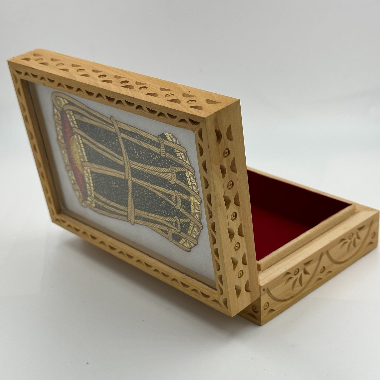 Jewelry Box The Nodding Head Dhol Drum on Lid Red Velvet Carved Wooden
