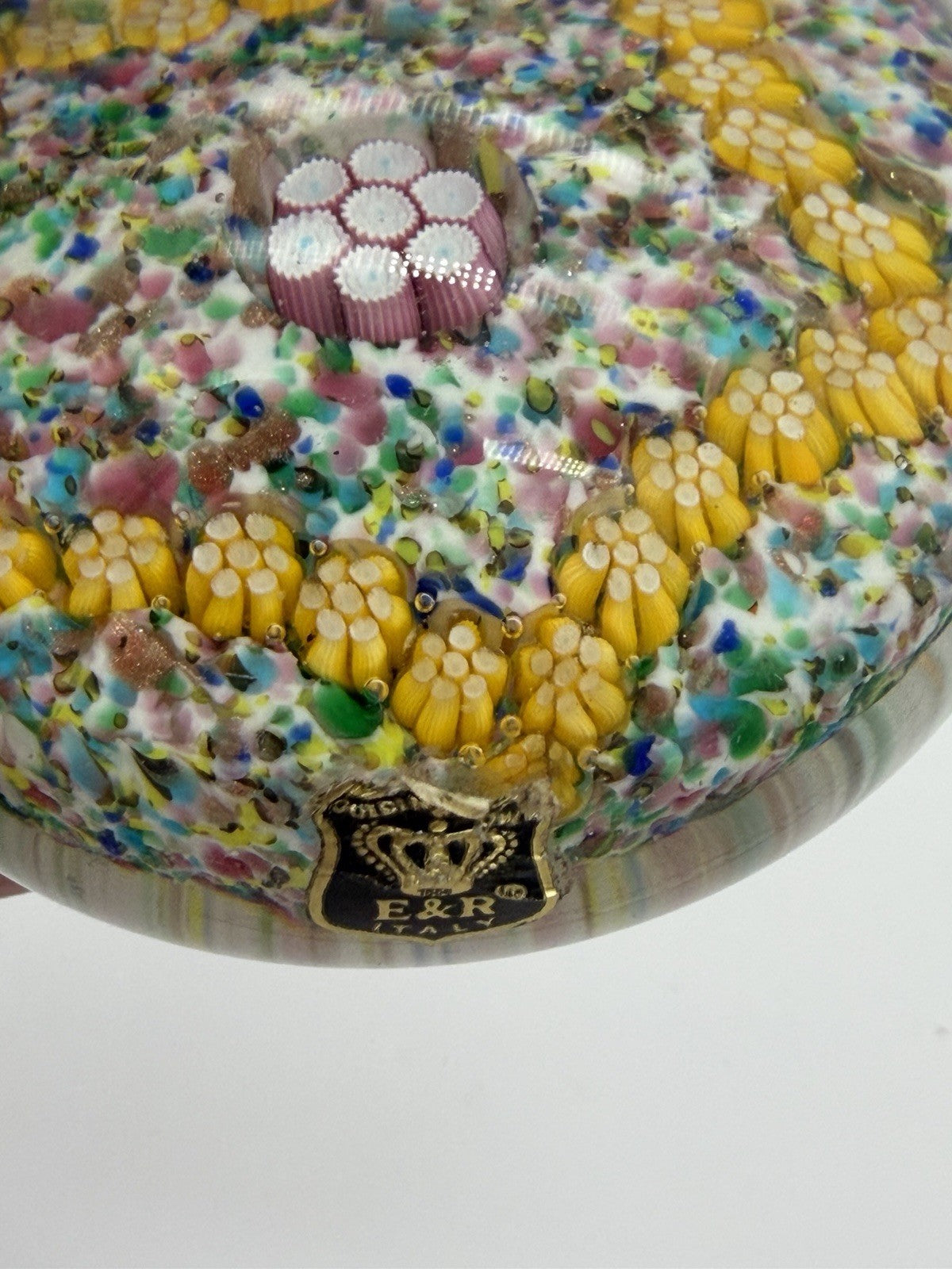 Vintage Murano Venetian Italy Art Glass Floral Millefiori Paperweight 2”x 2.5”