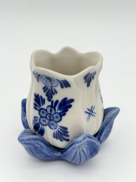 Delft Dutch White & Blue Art Pottery Tulip Flower Candle Stick