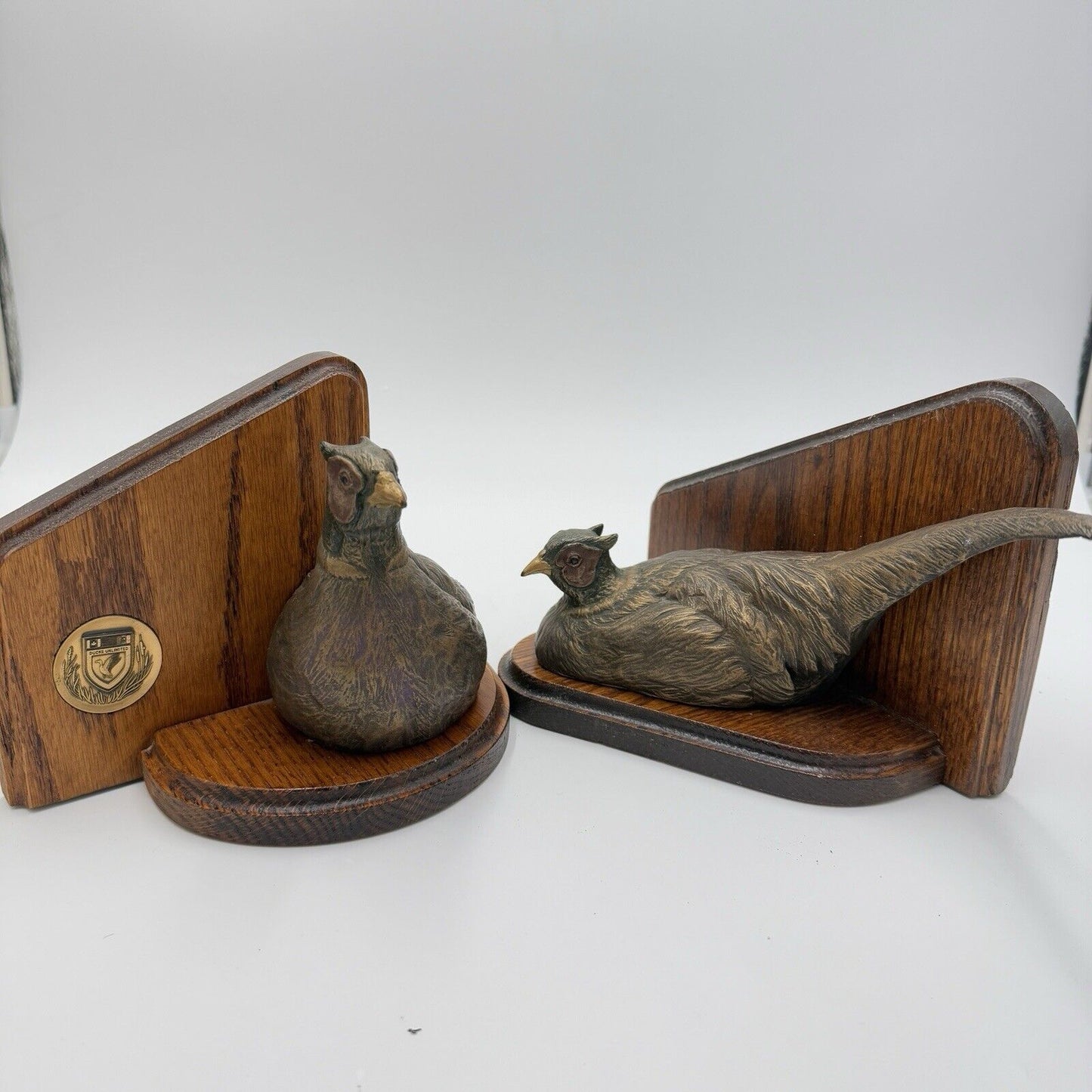 Rare Ducks Unlimited Bronze Tone Pheasant Rooster Book Ends Wood