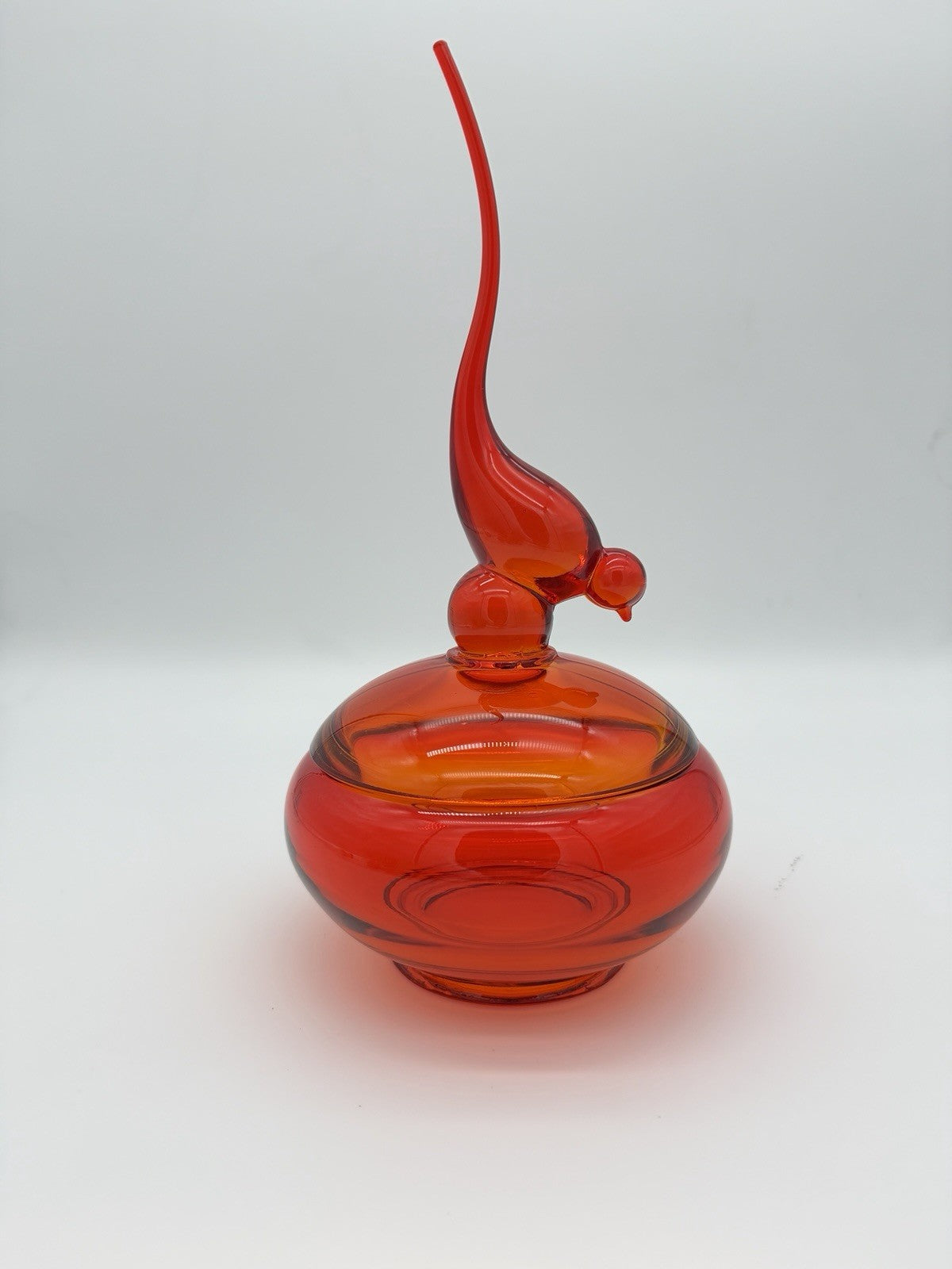 Viking Epic Glass Orange Long Tail Bird Covered Dish Bowl 11”H Large MCM