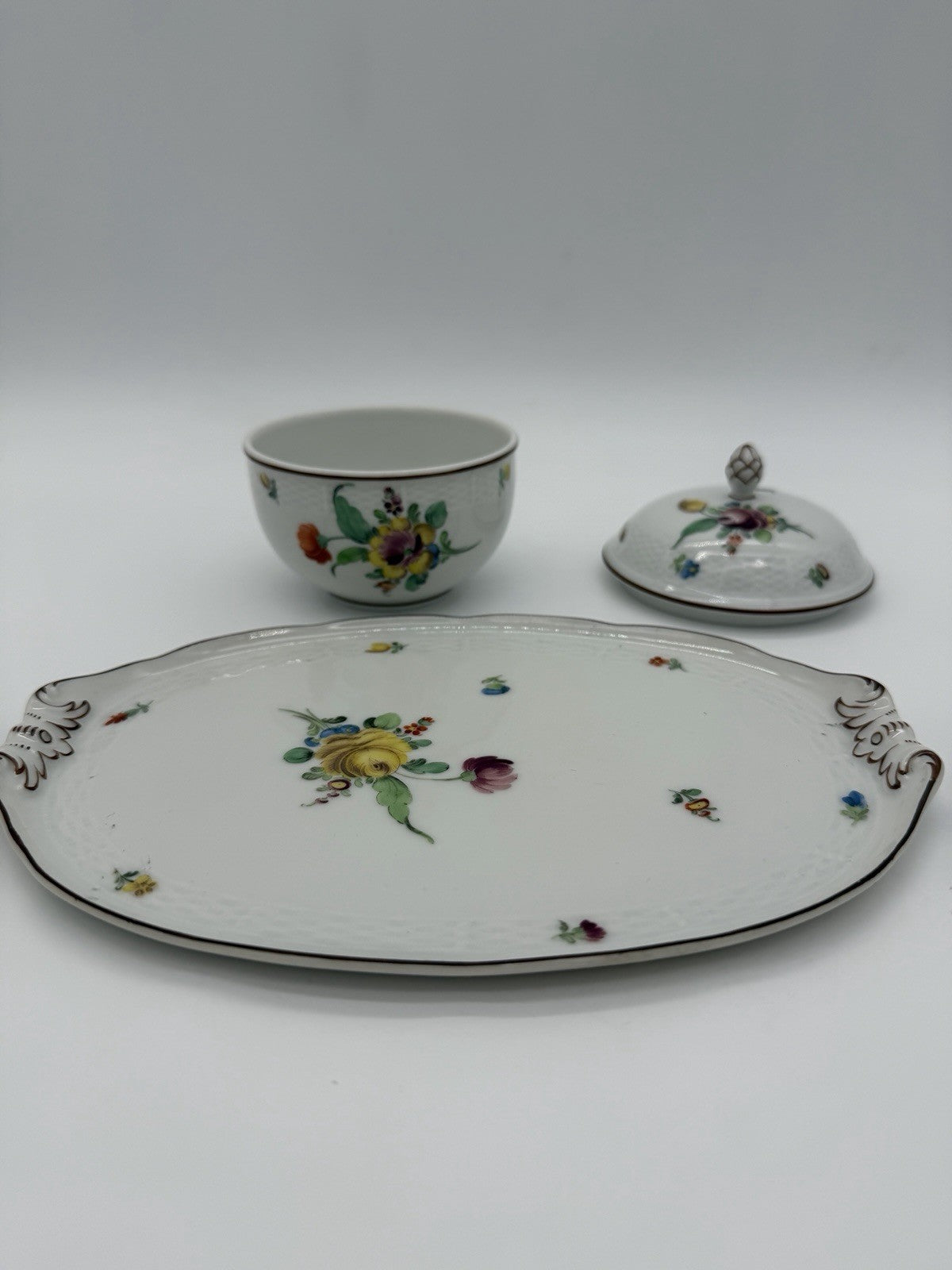Antique Nymphenburg Porcelain Floral Sugar Bowl & Tray Basket Weave Set 2 PCs