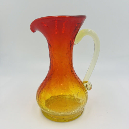 Pitcher Vase Crackle Glass Amberina Hand Blown Art Mini Vintage Red Yellow