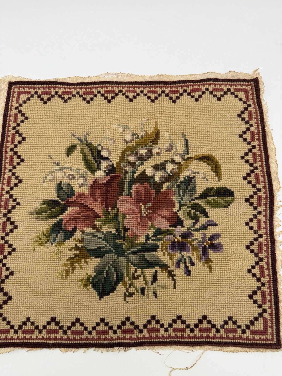 Antique Needlepoint Embroidery Victorian Roses Wool Embroidery panel top 12”x12”