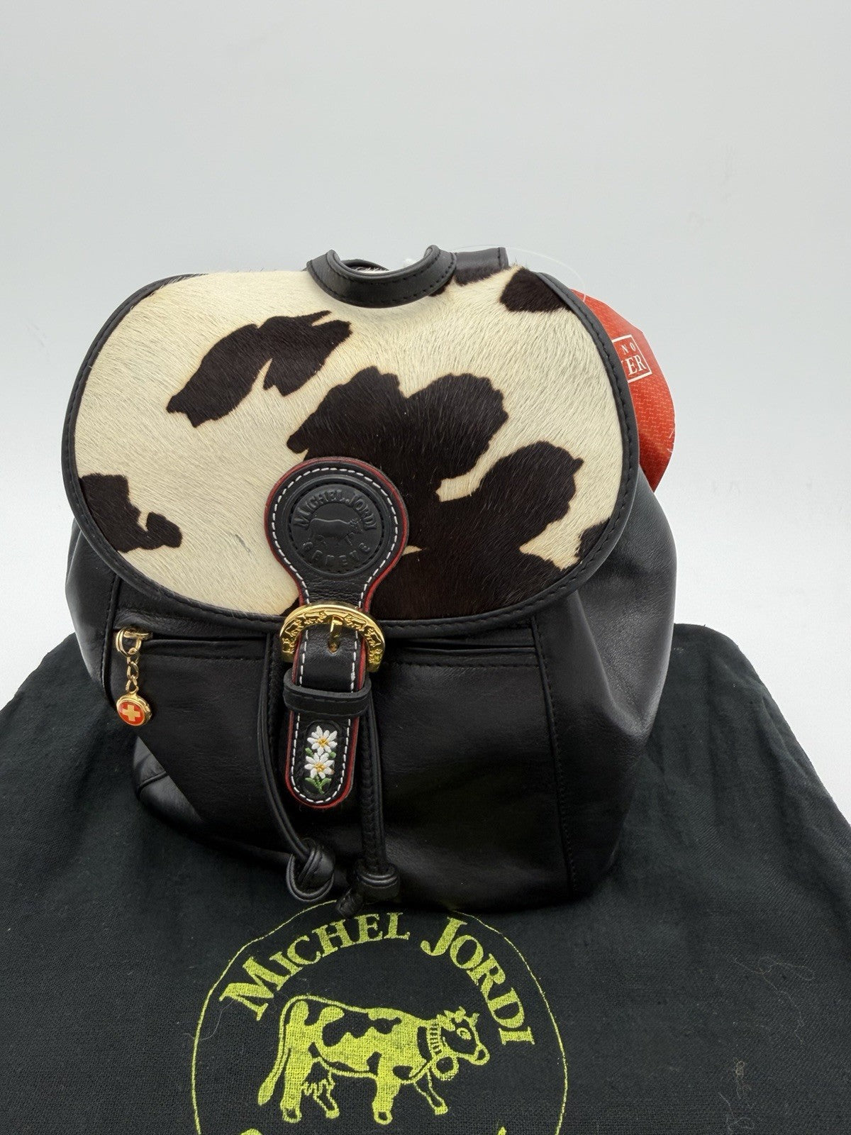 Michel Jordi Geneve Swiss leather backpack black & white cowhide accents NEW