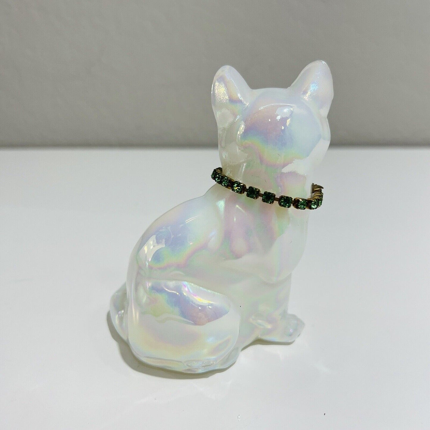 Fenton Cat Figurine May Birthstone Art Glass Iridescent White Signed by Artist