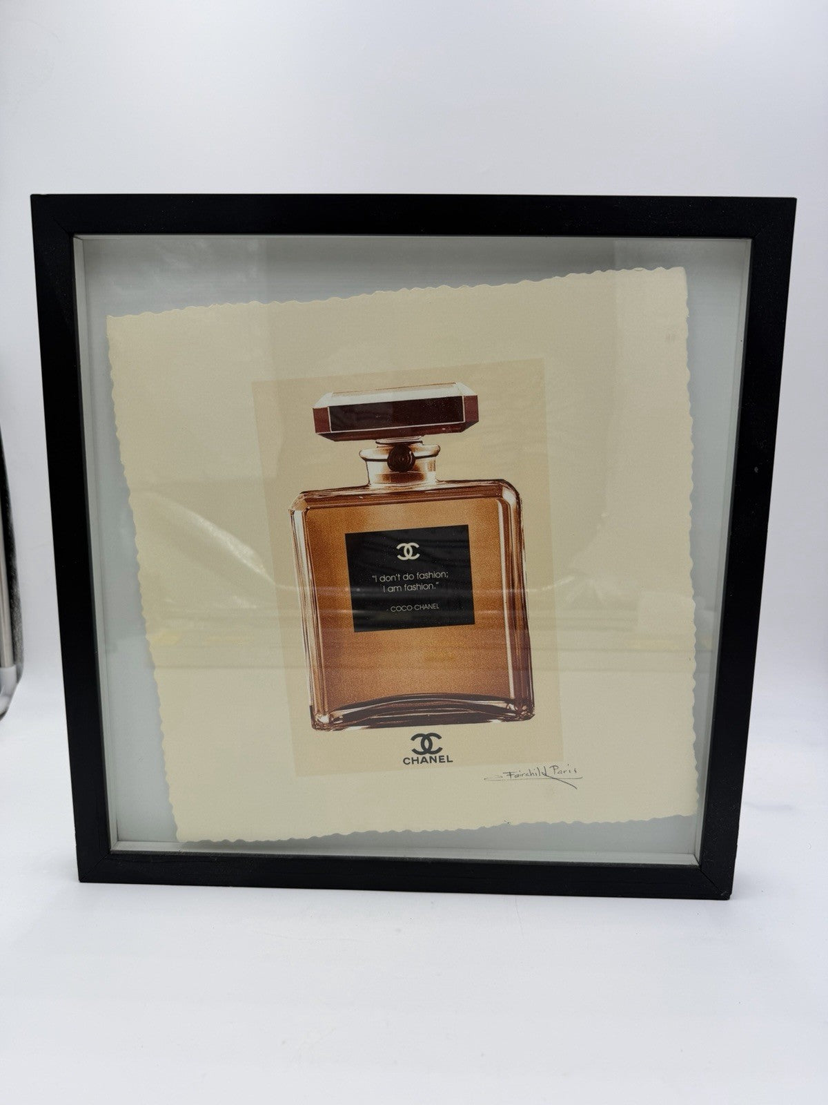 Fairchild Paris Pop Art Print Coco Chanel RM Gold Perfume Bottle Framed 15”x15”
