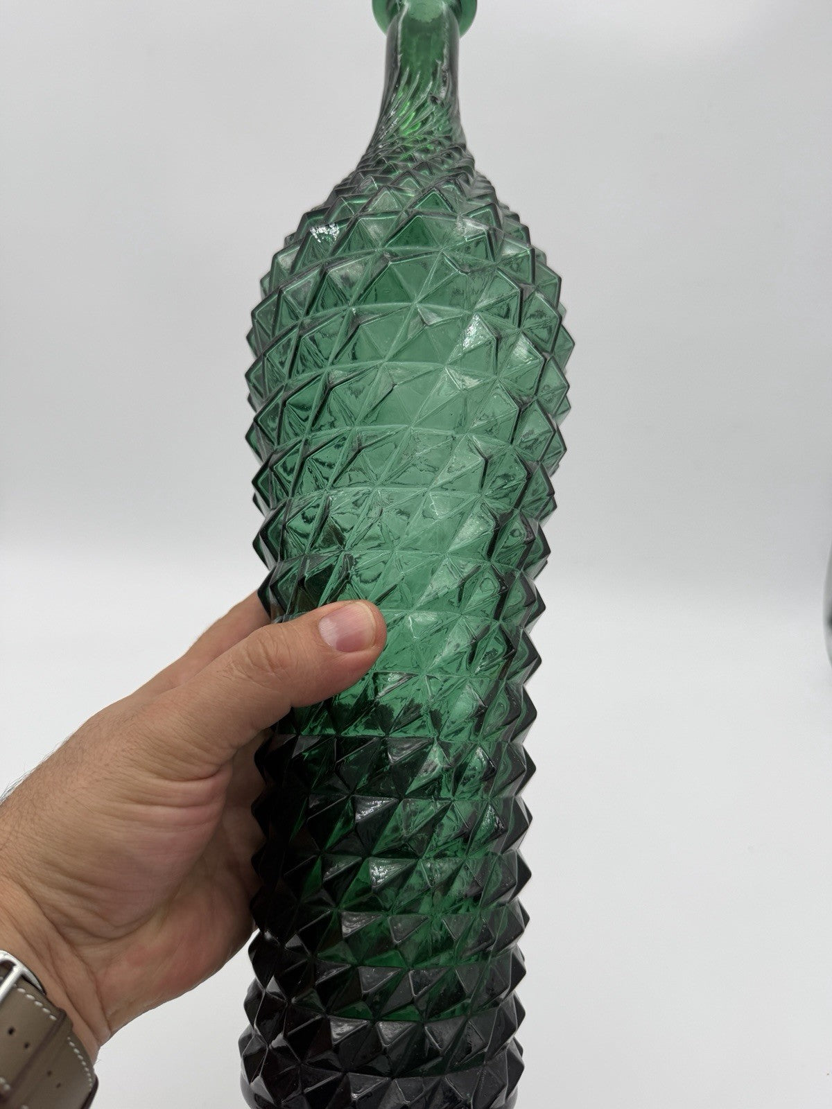 Vintage MCM Empoli Italy Diamond Cut Point Green Genie Bottle 16"H No Stopper