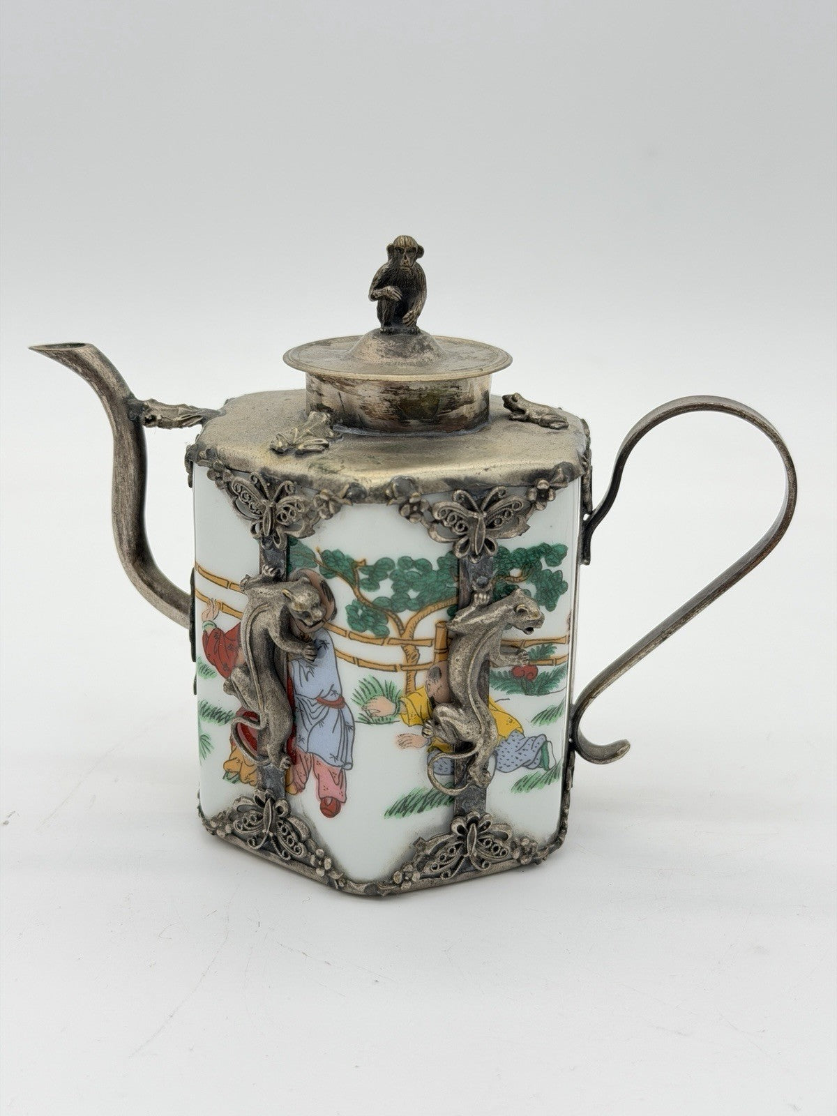 Antique Guangxu reign hexagonal Qing Dynasty Chinese metalwork pewter teapot