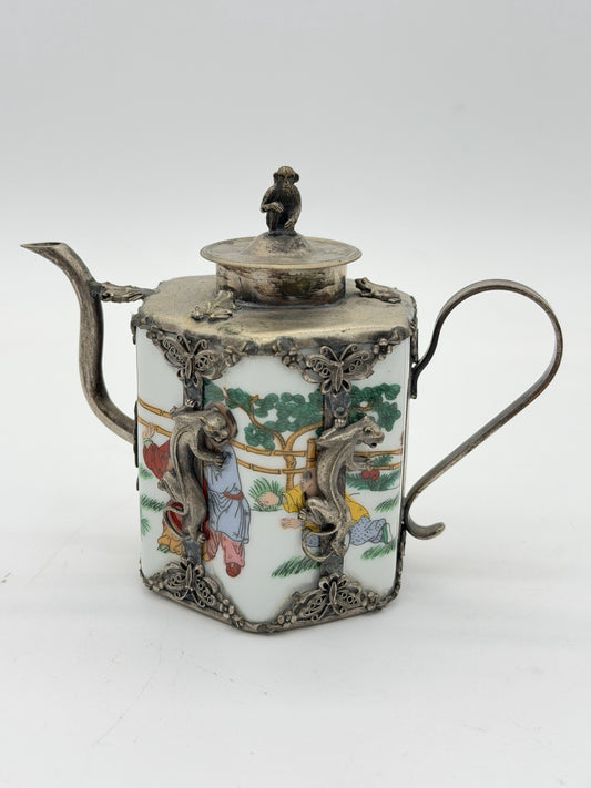 Antique Guangxu reign hexagonal Qing Dynasty Chinese metalwork pewter teapot