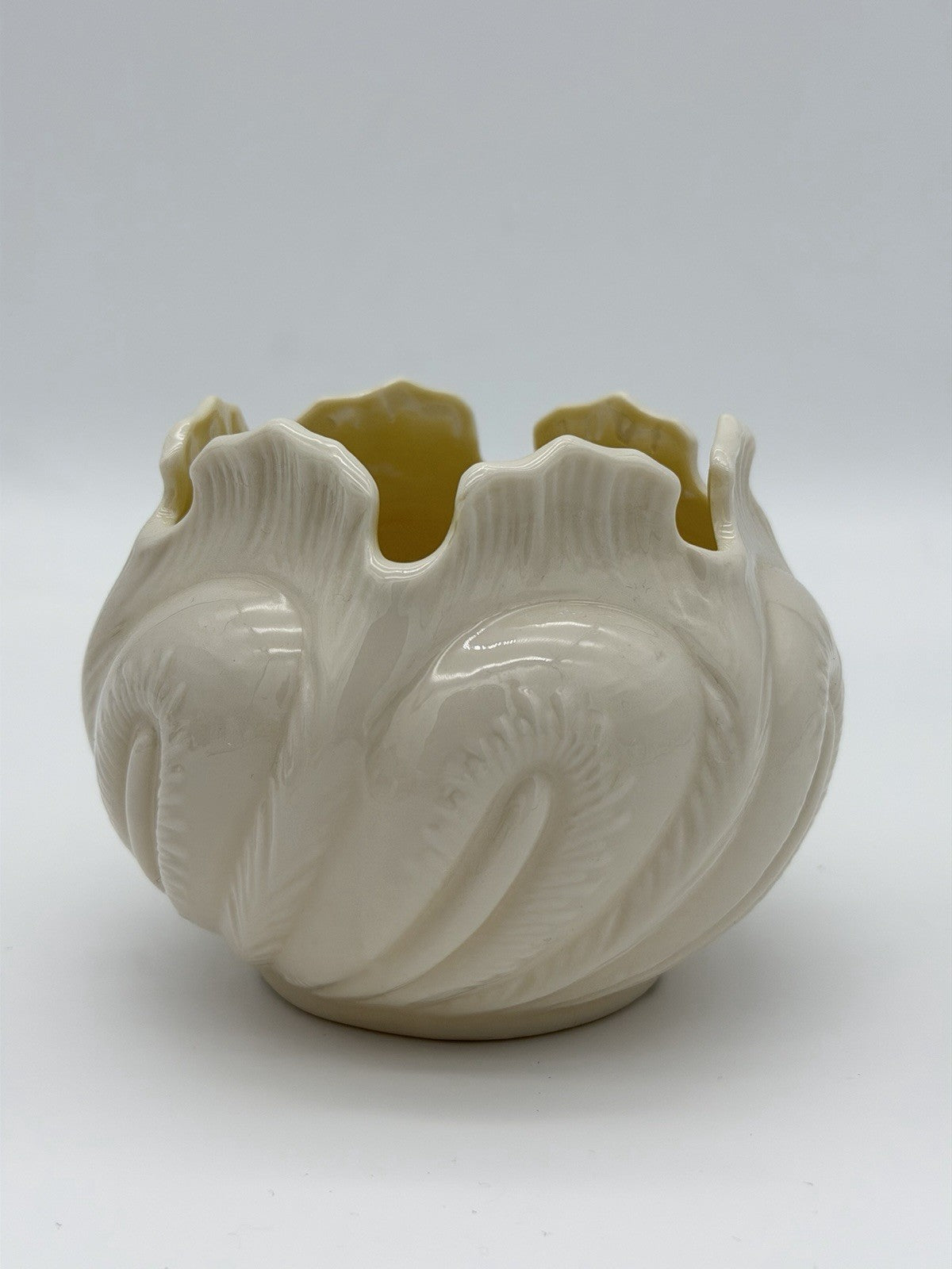 Belleek Ireland Porcelain Cabbage Leaf Planter Vase Yellow Luster  3 1/2” Vtg