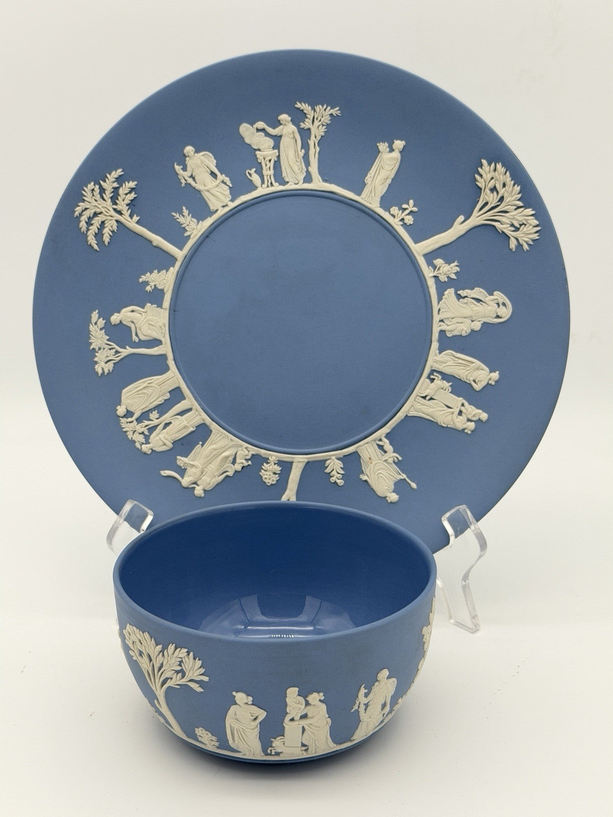 Wedgwood Jasperware England Blue/white Plate & Bowl Porcelain Set Vintage