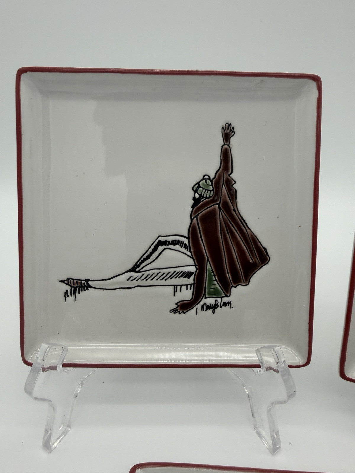 Rare Mary Blair Signed Stoneware Square Skating On Ice Trays Victorian Couples