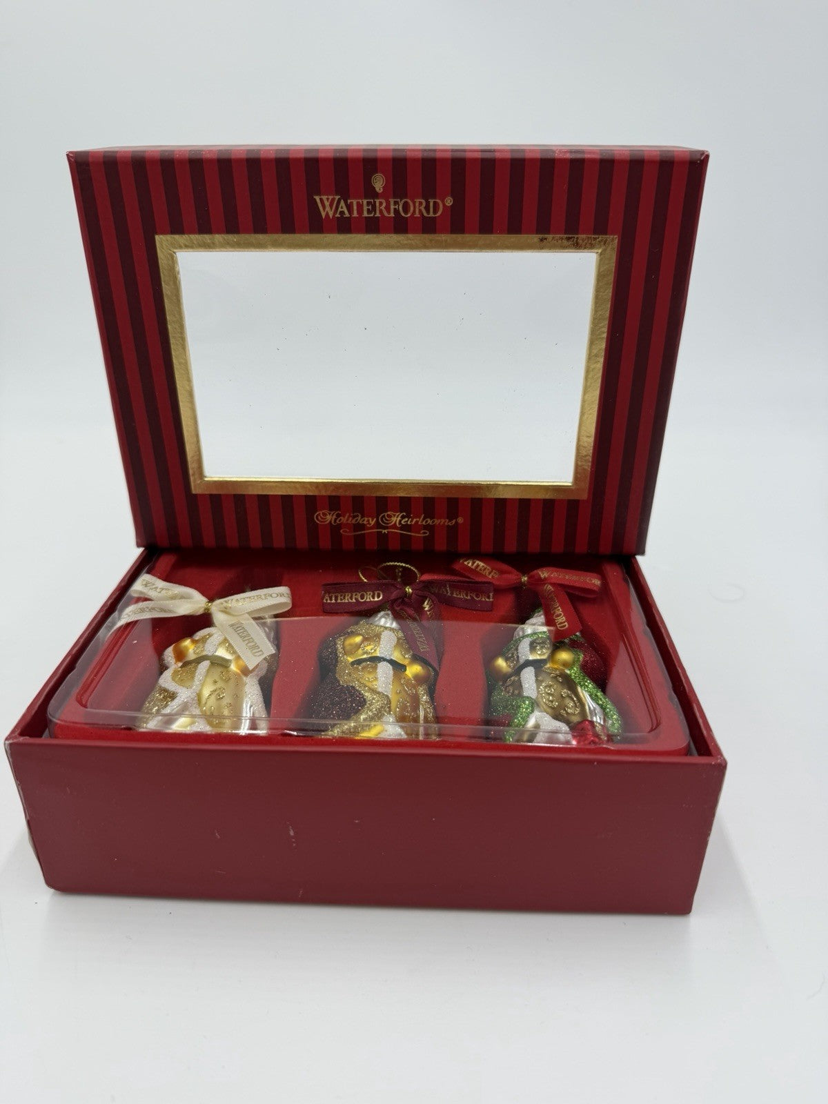 Waterford Holiday Heirlooms Art Glass Santa Christmas Ornaments 3.5”H Set 3 Pcs