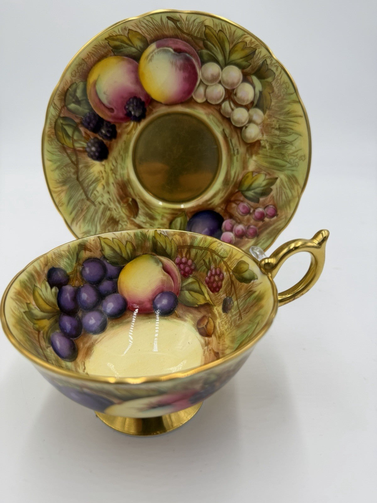 Aynsley England Porcelain Orchard Fruit Gold Teacup & Saucer Vintage Set Gold