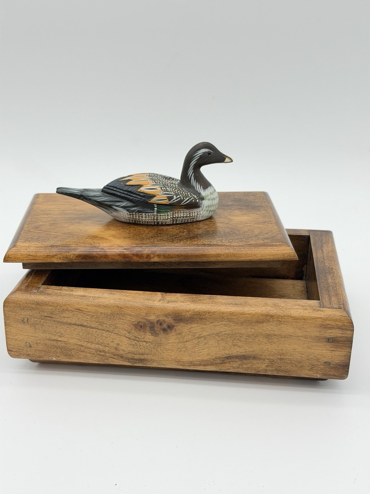 Folk Art Handmade Wooden Duck Decoy On It Trinket Box Vintage Solid