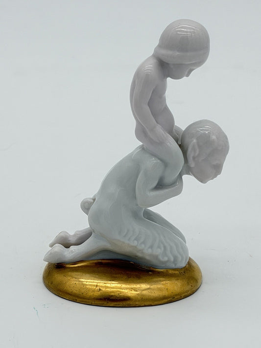 Antique Fraureuth Saxony Art Nouveau Germany Faun & Baby White/Gold Figurine 3.5