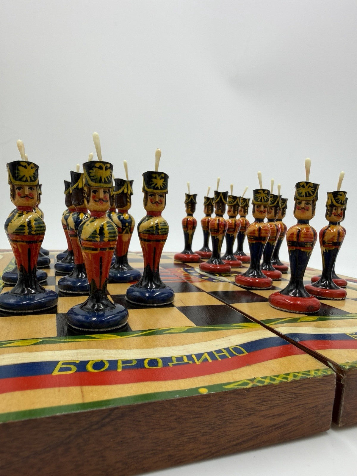 Russian vintage Matryoshka chess set 24 Pawns Plus Wooden Board Soldiers