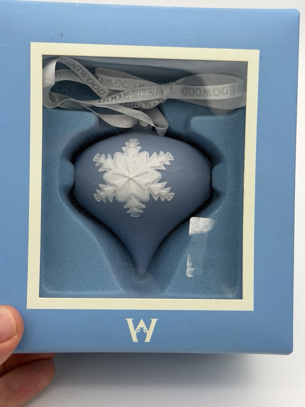 Wedgwood Jasperware Blue/White Teardrop Snowflake Christmas Ornament Boxed