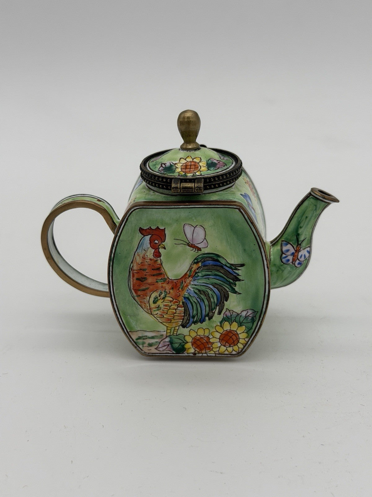 Kelvin Chen Enamel Teapot Trinket Box Rooster Butterflies #2323 Miniature Vtg