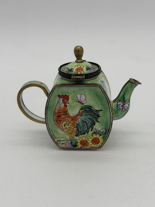Kelvin Chen Enamel Teapot Trinket Box Rooster Butterflies #2323 Miniature Vtg