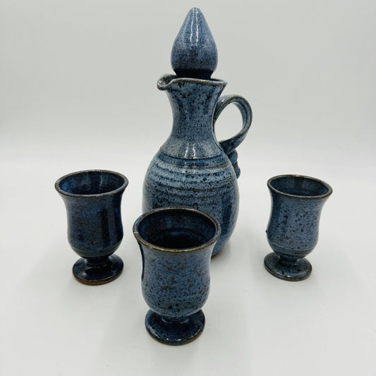 Ray Studio Decanter and Three Cups Signed Vintage Art Pottery Blue Stoneware