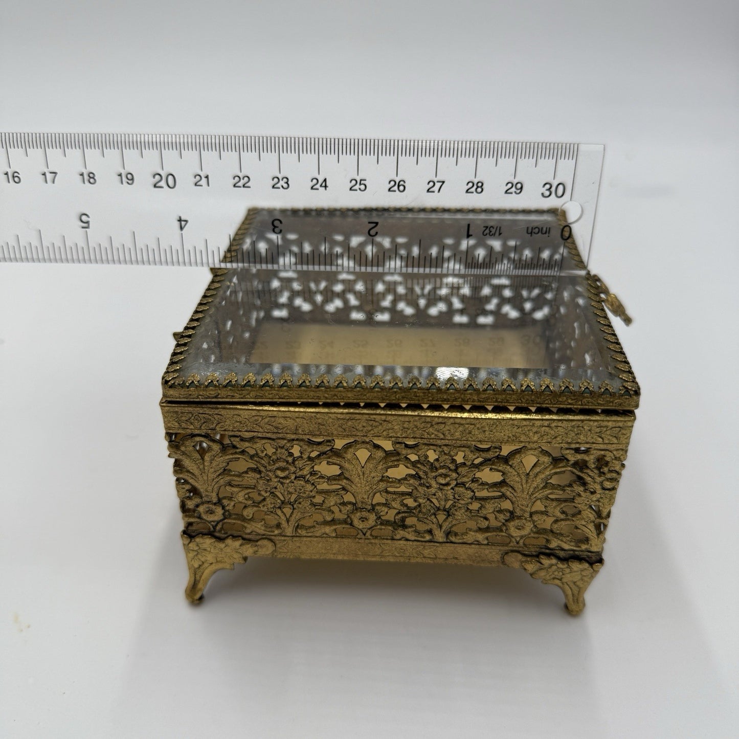 Ormolu gold filigree jewelry casket with beveled glass Hollywood Regency Box