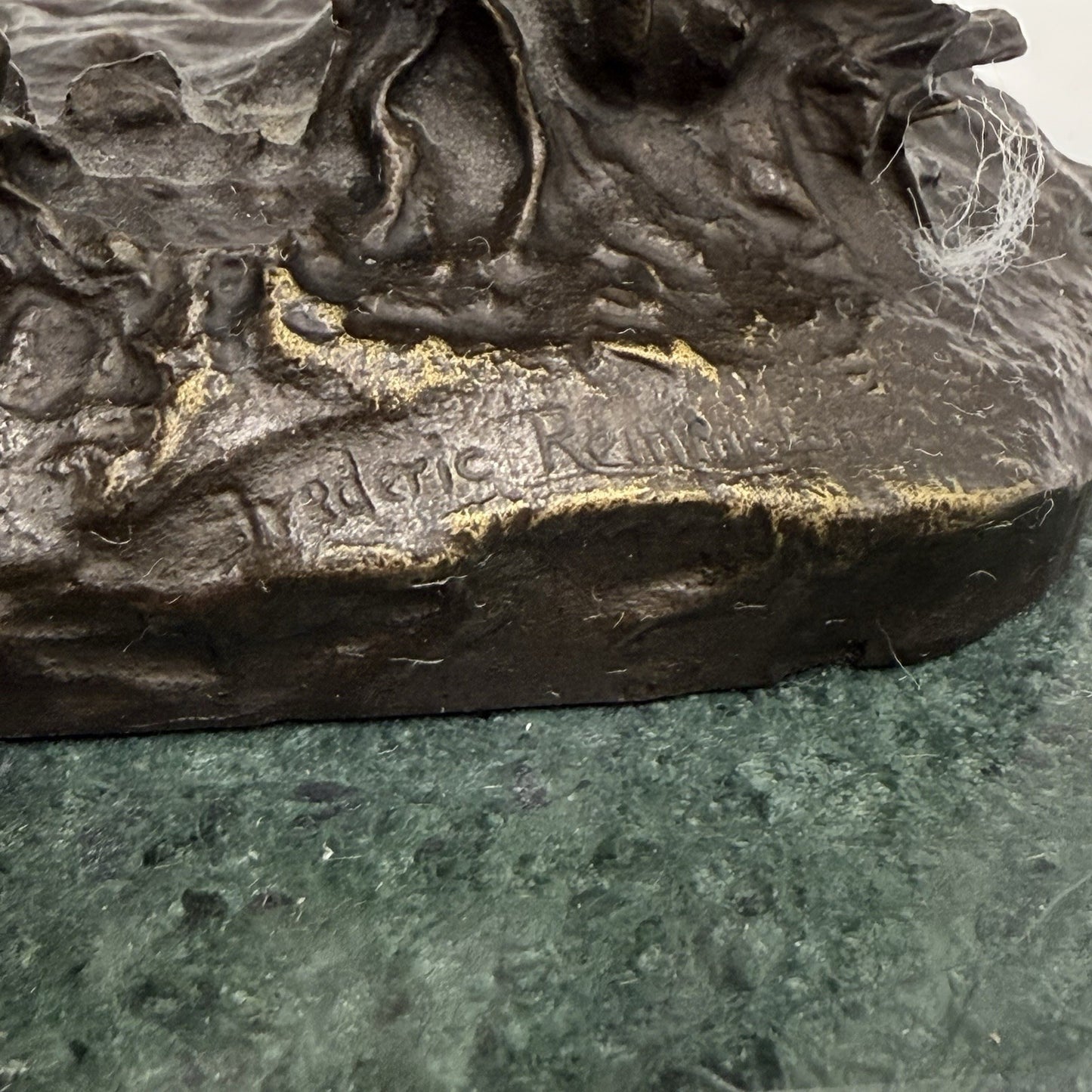 After Frederic Remington patinated bronze sculpture Outlaw Marble Base 8in