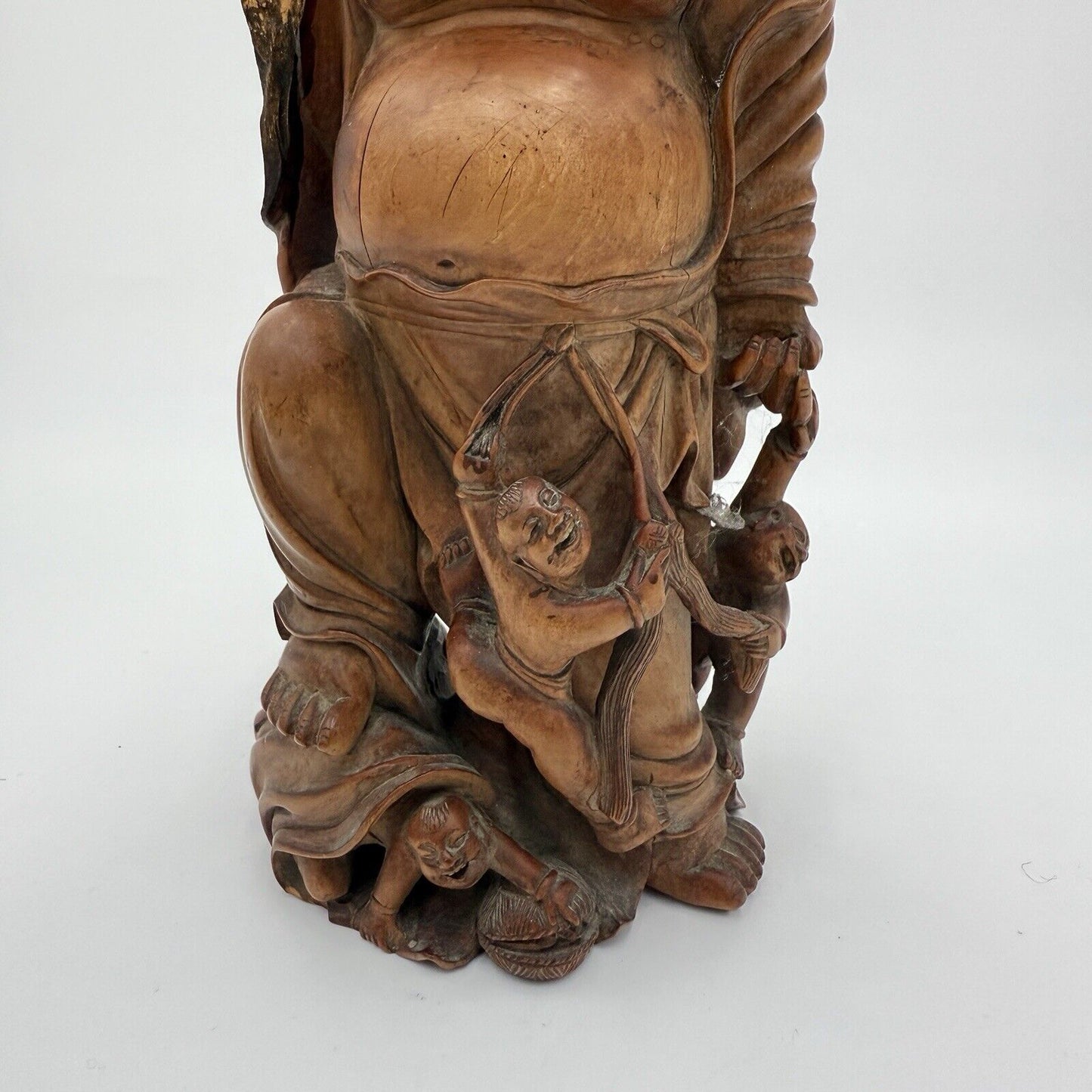 Antique Fine Hand Carved Laughing Buddha Chinese Figurine Folk Art 9.5” Solid