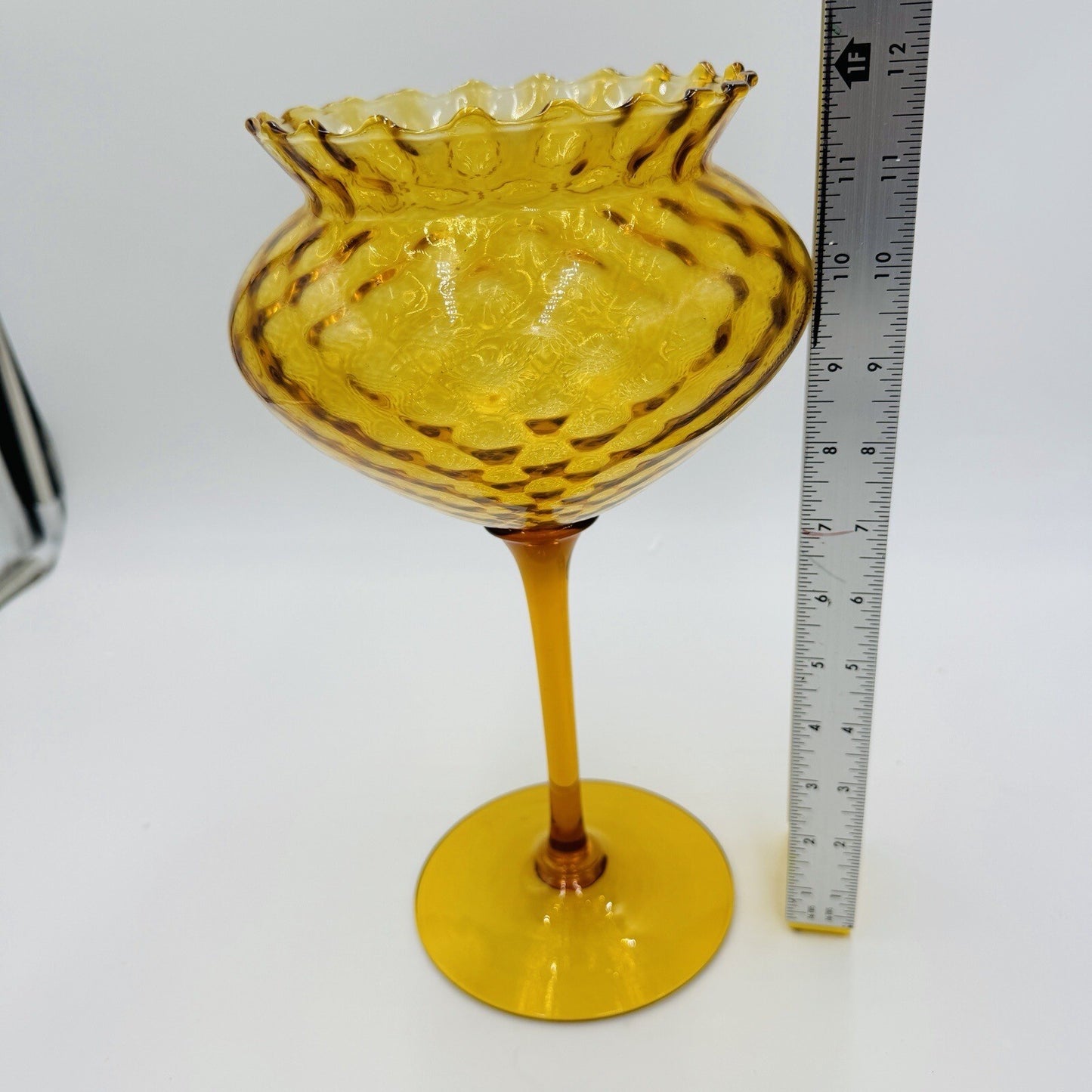 Italian Empoli amber glass diamond optic tall compote 12in