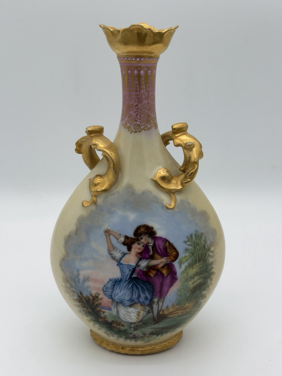 Antique Elite Limoges France Jean Pouyat C.1900 Porcelain 10” Handled Gold Vase
